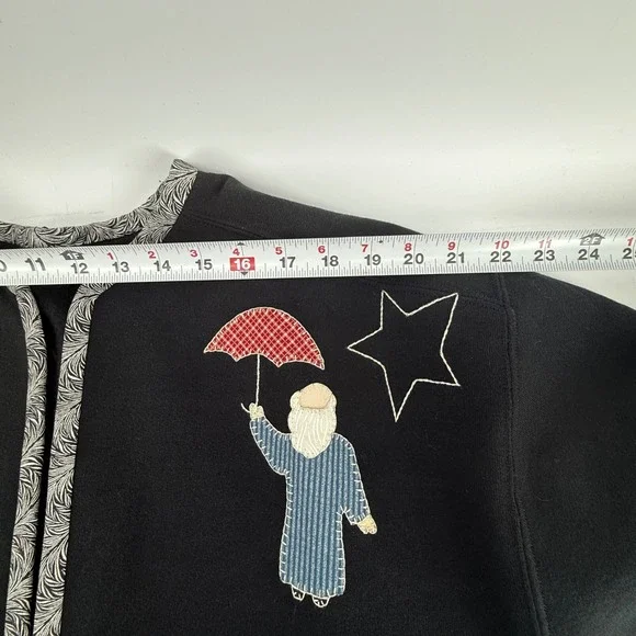 Unique Black Fleece Jacket Noah's Ark Animals Rainbow Applique Open Front Women - Picture 6 of 9